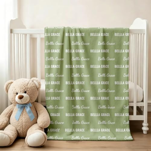 Ships Next Day, Personalized Baby Blanket with Name - Custom Newborn Hospital Swaddle Blanket, Super Soft Plush Flannel Baby Gift for Birth Announcement Shower Easter Gifts for Toddler Kids - color: Light Green