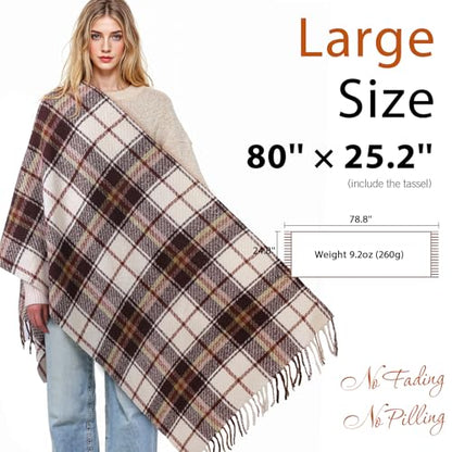 Clothirily Womens Winter Scarf, Oversized Long Blanket Plaid Shawl Wrap - color: Khaki & Beige Plaid