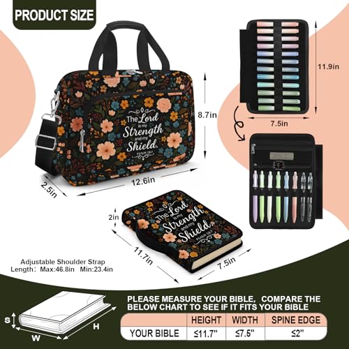 Floral Bible Cover for Women, Large Bible Bag Carrying Case with Shoulder Strap Bible Study Supplies Journaling Kit Book Carrying Case with Pens Highlighters Cross Clips Tabs Christian Gift - color: Black Floral