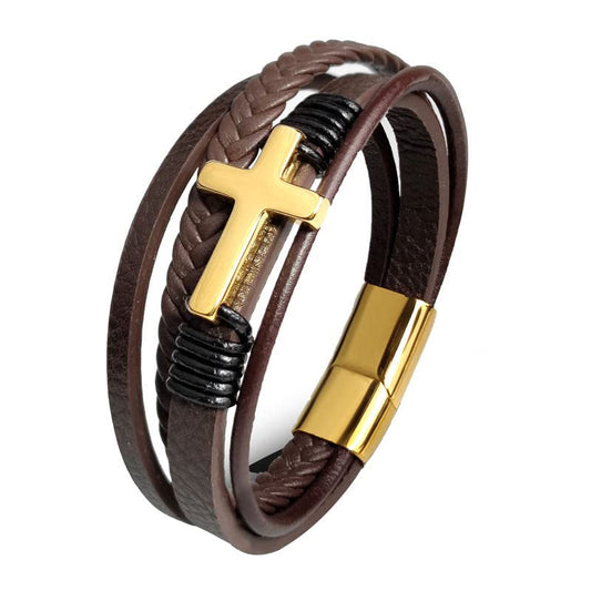 Mens Brown Leather Bracelet Multi-Layer Braided Leather Cross Bracelet Religious Confirmation Gifts - color: Brown Leather Gold Cross