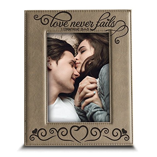 BELLA BUSTA - " Love Never Fails - 1 Corinthians 13:4-8 (Bible Verse) Engraved Leather Picture Frame (5"x 7" Vertical) - size: 5"x 7" Vertical