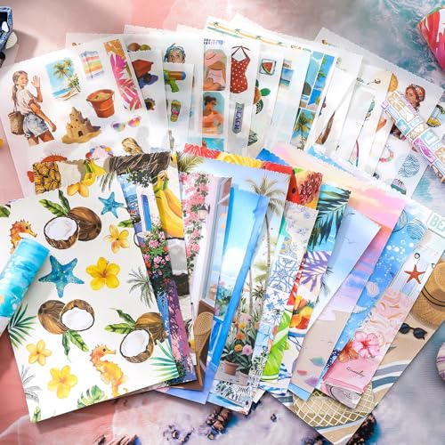 PRSTINCOL Summer Beach Stickers Book,50 Sheets Vintage Ocean Sticker Book for Journaling Scrapbooking,8.3x5.5 Inch Aesthetic Surf Stickers for Adults Crafts - color: Summerbeach
