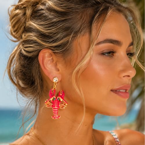 Creative Exaggerated Ocean Animal Drop Dangle Earrings for Women, Bohemia Style Alloy Lobster Octopus Fish Crab Earrings for Summer Beach Holiday Party Jewelry Gifts - style: Rhinestone Red Lobster Dangle Earrings-D