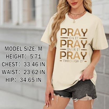 Tuislay Christian Shirts for Women Pray On It Pray Over It Pray Through It T Shirt Faith Graphic Tees Jesus Religious Tshirts - color: Apricot, size: X-Large