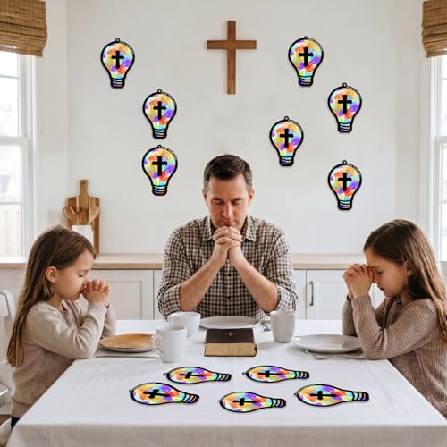 Renbuzhu 48PCS Sunday School VBS Crafts Bulk: Paper Lightbulb Cross Nativity Suncatchers, Jesus Religious Christian Activity DIY Kits Church Decorations, Window Stained Glass Effect Art Supplies - style: bulb cross