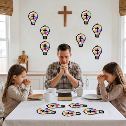 Renbuzhu 48PCS Sunday School VBS Crafts Bulk: Paper Lightbulb Cross Nativity Suncatchers, Jesus Religious Christian Activity DIY Kits Church Decorations, Window Stained Glass Effect Art Supplies - style: bulb cross