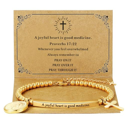 DS Women Christian Charm Bracelet,Cross Scripture Stainless Steel Jewelry - style: A joyful heart is good medicine.-Gold