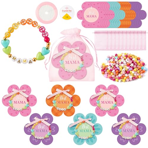 BeYumi Mom Bracelet Craft Kit - 24 Pack Mother's Day Mama Letter Heart Beads Bracelets with Flower Gift Cards and Bags DIY Thankful Craft Kit to Mothers School Classroom Family Party Fun Activities - style: MAMA