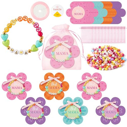 BeYumi Mom Bracelet Craft Kit - 24 Pack Mother's Day Mama Letter Heart Beads Bracelets with Flower Gift Cards and Bags DIY Thankful Craft Kit to Mothers School Classroom Family Party Fun Activities - style: MAMA