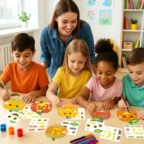 32 Pcs Pumpkin Halloween Fall Crafts for Kids DIY Jesus Cross Hanging Ornaments Decorations Pumpkin Stickers Kit with Ribbons for Thanksgiving Religious Christian Party Favors Sunday School Activities