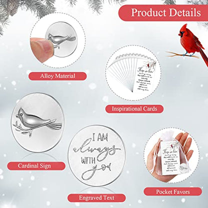 Sureio 24 Memorial Angel Sign Coins Funeral Pocket Token Lucky Peace Sign Angel Coins Poem Prayer Cards White Organza Bags Gift Life Charms Christian Gift(Cardinal)