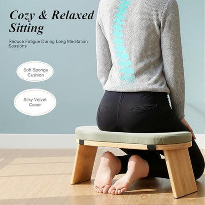 Folding Bamboo Meditation Bench, Ergonomic Portable Kneeling Meditation Stool with Soft Meditations Cushion Comfortable Foldable Prayer Bench for Deep & Longer Meditations (Green) - color: Green