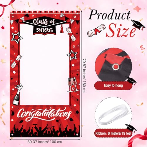 WovWeave Class of 2026 Graduation Photo Booth Frame 71x39 Inch - Red Black Large Fabric Selfie Backdrop Props for High School College Grad Party Decorations Indoor Outdoor Picture Background - style: Red Black Grad
