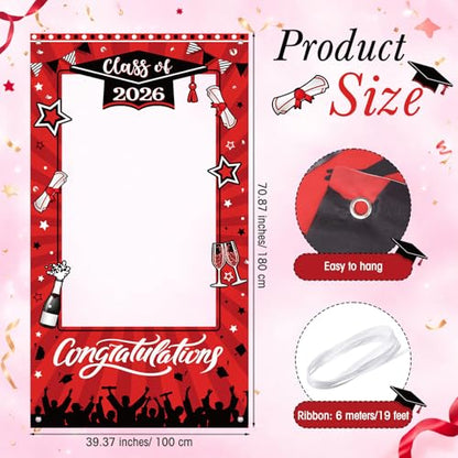 WovWeave Class of 2026 Graduation Photo Booth Frame 71x39 Inch - Red Black Large Fabric Selfie Backdrop Props for High School College Grad Party Decorations Indoor Outdoor Picture Background - style: Red Black Grad