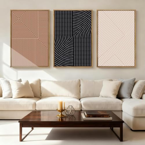 ANHUIB Extra Large Neutral Abstract Modern Canvas Wall Art Set of 3 Framed Black and White Beige Wall Decor Boho Minimalist Artwork Walls Geometric Line Painting for Living Room Bedroom Office 24x36In - color: Black Brown and Beige, size: 36"L x 24"W