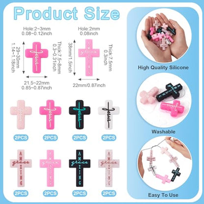 Beadthoven 16Pcs Cross Silicone Focal Beads for Pens Pink Black Cross Shaped Beads Faith Jesus Rubber Spacers for Keychain Making Bracelets Necklace DIY Crafting - color: Pink Black 8 Styles