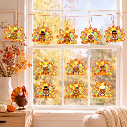Renbuzhu 48PCS Thanksgiving Crafts Bulk: Cute Turkey Paper Suncatchers DIY Kit for Fall Activities Decorations, Window Stained Glass Effect Art Supplies - style: cute turkey crafts