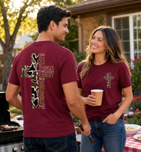 Christian Shirts for Men I Can Do All Things Through Christ Cross T-Shirt - color: Claret, size: Medium