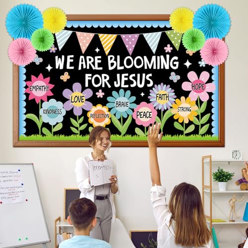 Christian Religious Bulletin Board Set Summer Floral Sunday School Classroom Decoration Positive Paper Fans 3D DIY We are Blooming for Jesus Cutouts for Church VBS Chalkboard Wall Prayer Board Decor - style: We are Blooming for Jesus