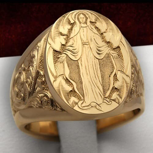 LIOYSIUT Mens Womens Silver Ring 18K Gold Plated Engraved Signet Ring Virgin Mary Bible Verse Prayer Rings Christian High Polished Stackable Plate Knuckle of Religious Gifts Jewelry Size 10 - size: Size 10