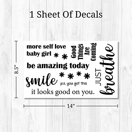 Motivational Mirror Decals - Set of 6 Black Vinyl Quotes Be Amazing Today, Smile It Looks Good On You, Just Breathe, Good Things are Coming - Bathroom Mirror Sticker - color: Black Motivational