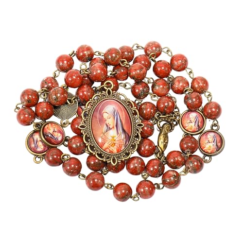 Nazareth Store Our Lady of Sorrows Stone Beads Rosary Solid Beaded Chaplet Necklace with Epoxy 7 Seven Sorrows Medallion - color: Red Jasper