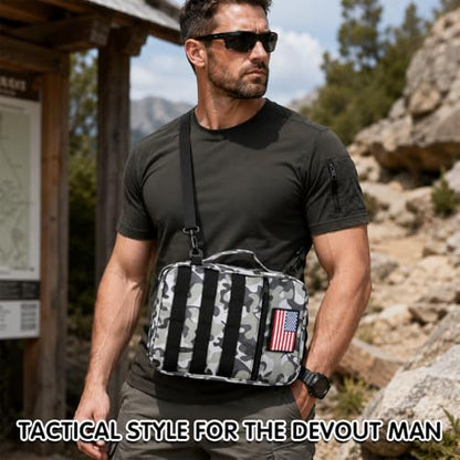 Tactical Bible Cover for Men, Camouflage Bible Case with Molle System, Hook-and-Loop Panels for Personal Patches,with Removable Shoulder Strap, Includes 2 Replaceable Patches - color: Camouflage