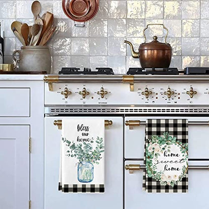 Eucalyptus Leaves Kitchen Dish Towel , 2 Pack Bless Our Home Sweet Home Quotes Buffalo Plaid Absorbent Kitchen Towel, Absorbent Drying Tea Towels for Cooking Baking, 18 x 28 (Eucalyptus Leaves)