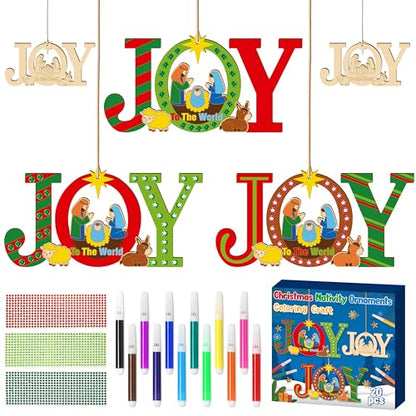 BeYumi Christmas Joy Wooden Crafts - 20Pcs DIY Wooden Joy to THE World Ornaments Craft Kit for Kids Make Your Own Nativity Decor Christian Religious Xmas Craft with Gem Sticker Church Party Supplies - style: JOY