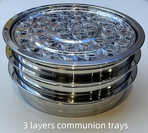 Polished Stainless Steel 3 Communion Trays with Cover for Church Service,Stackable 3 Communion Holy Serving Trays with 120pcs Cups,Cups Filler