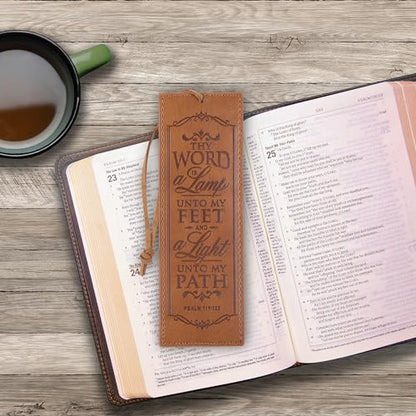 Christian Art Gifts Faux Leather Scripture Bookmark: Thy Word is A Lamp - color: Brown - Word/Lamp