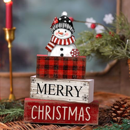 Lineshading 4 Pcs Christmas Table Decoration Wooden Snowman Decor Christmas Tiered Tray Decor Red Buffalo Plaid Block Signs Snowman Table Centerpiece Farmhouse Winter Decoration for Home Kitchen Shelf - style: Christmas Snowman