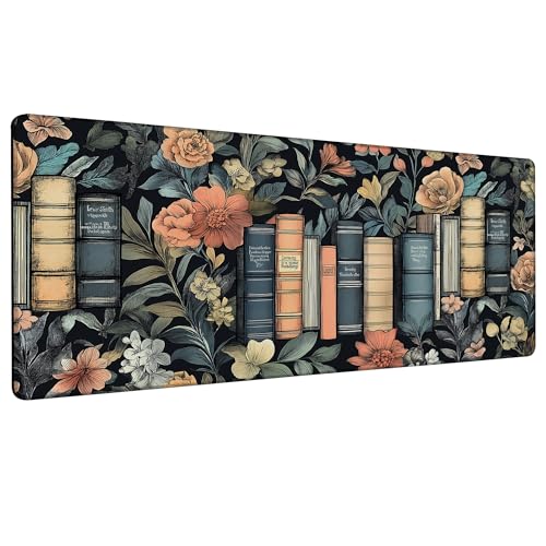Large Gaming Mouse Pad Books and Flowers Desk Mat,Non-Slip Rubber Base Stitched Edges,Extended Mousepad for PC,Laptop,Office,Home Decor(31.5 x 11.8 Inch) - color: Books and Flowers, size: 31.5L x 11.8W inches