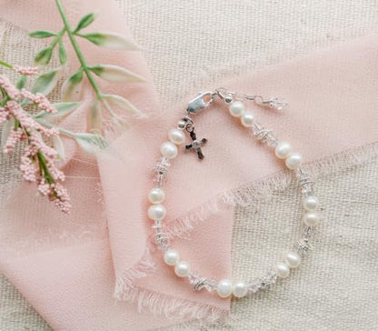 Precious Pieces Freshwater Pearl Crystal Bracelet, .925 Sterling Silver - color: LG (5-10 years)