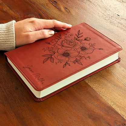Personalized ESV Large Print Value Thinline Bible – Chestnut TruTone Faux Leather | Custom Name Engraved | English Standard Version with Concordance, 10 pt Font & Double-Column Layout (Rose Poppy Flower Bunch)