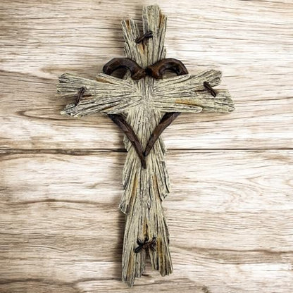 Rustic Wood-Look Resin Wall Cross with Barbed Wire & Nail Heart Accents – 11 ½” Christian Farmhouse Wall Décor, Inspirational Religious Gift (Whitewash) - color: Whitewash