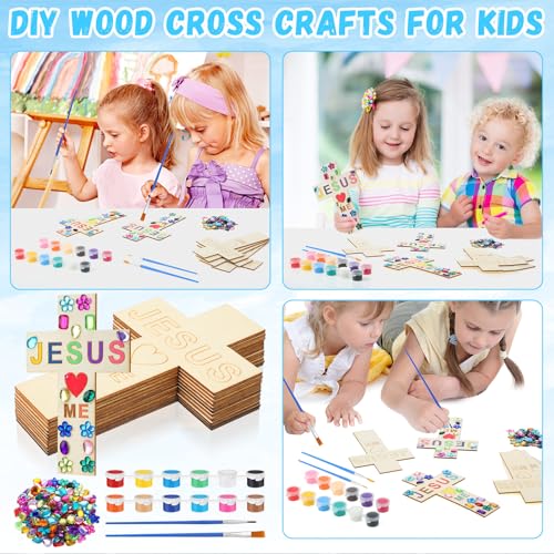 Blueweenly 20 Pcs DIY Wood Cross Crafts for Kids Sunday School Vacation Bible School Supplies Jesus Love Me Religious Christian Craft with Stickers Paint Unfinished Cross Gift for Church