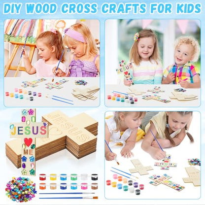 Blueweenly 20 Pcs DIY Wood Cross Crafts for Kids Sunday School Vacation Bible School Supplies Jesus Love Me Religious Christian Craft with Stickers Paint Unfinished Cross Gift for Church