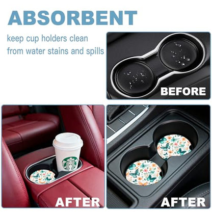 Ceramic Car Cup Holder Coasters Set of 2, 2.56 in Butterfly - color: Colorful Butterfly