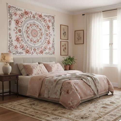 Motanber Pink Floral Tapestry Wall Hanging Boho Mandala Medallion Tapestry Aesthetic Watercolor Flower Cute Small Tapestries for Bedroom Living Room Dorm Decor 60 x 44 Inch - color: Light Pink, size: 60"L x 44"W