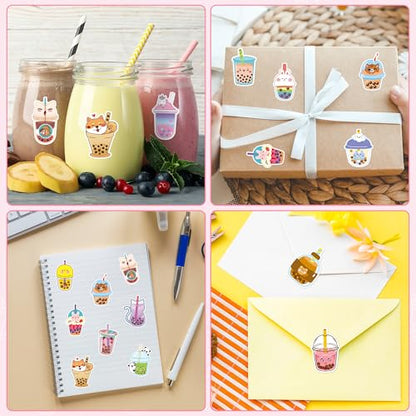 BeYumi Bubble Tea Sticker Roll - 1000Pcs Boba Stickers in 2 Rolls Waterproof Vinyl Drinks Theme Cute Kawaii Bubble Tea Decals Gift Laptop Bottle Scrapbooking Luggage Computer Envelope Decor for Kids - style: Bubble Tea