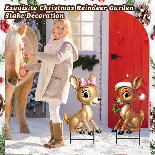 Moxweyeni 2 Pcs Outdoor Reindeer Christmas Decoration Cute Deer Sign Large Metal Reindeer Yard Sign with Stakes Christmas Farmhouse Deer Figurines for Lawn Garden Holiday Display - style: Cute Reindeer