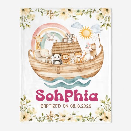 Personalized Baptism Noah's Ark Toddler Blanket, Christian Rainbow Animal Bible Story Throw, Custom Name and Date Faith Keepsake for Boy Girl, Religious Gift from Parents Grandparents - color: Baptsim Toddler Blanket#8