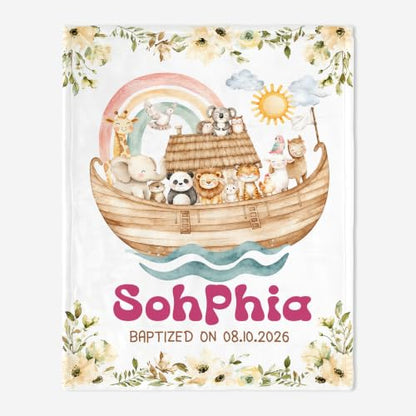 Personalized Baptism Noah's Ark Toddler Blanket, Christian Rainbow Animal Bible Story Throw, Custom Name and Date Faith Keepsake for Boy Girl, Religious Gift from Parents Grandparents - color: Baptsim Toddler Blanket#8