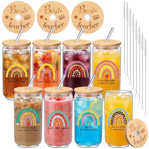 Tioncy 8 Pcs Employee Gifts 16oz Teacher Glass Cups Bamboo Lid Straw - style: Teacher
