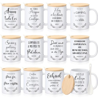 Didaey 12 Sets Christian Gifts Bulk Religious Coffee Mugs 12oz Bible Verses White Ceramic Cup with Lid Handle Spoon Inspirational Mug Church Gift for Men Coworker Employee Staff(Spanish) - style: Spanish