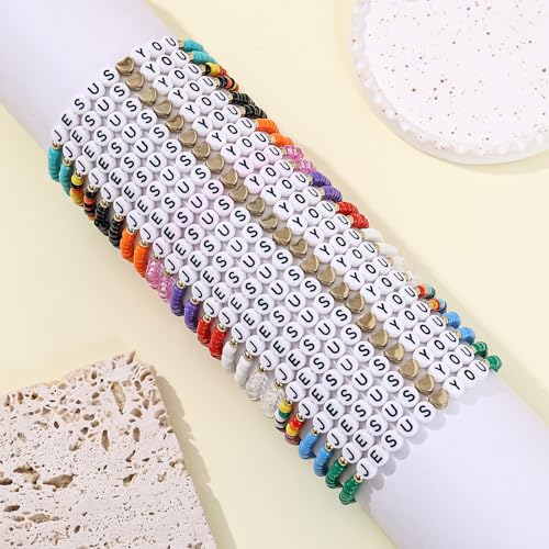 24Pcs Jesus Loves You Bracelets Bulk Handmade Clay Beads Bible Verse Bracelets Christian Friendship Jewelry Christmas Easter Gifts for Women Teen - color: Jesus 24-1