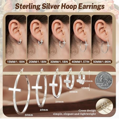 Senteria 3MM 925 Sterling Silver Post Cross Hoops Earrings Hypoallergenic - color: Silver-30MM