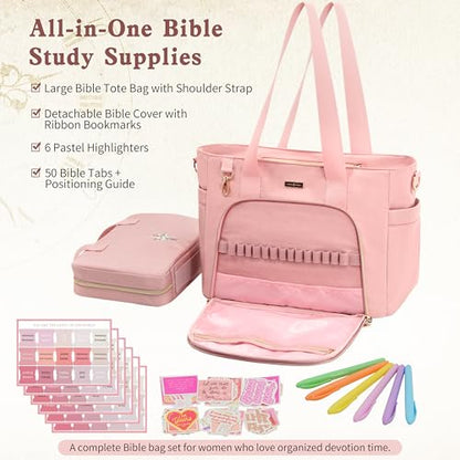 Large Bible Bag for Women, 2-in-1 Bible Tote with Detachable Embroidered Bible Cover & Study Supplies, Church Bible Study Bag, Gift-Ready Christian Gift for Women (Pink) - color: Pink