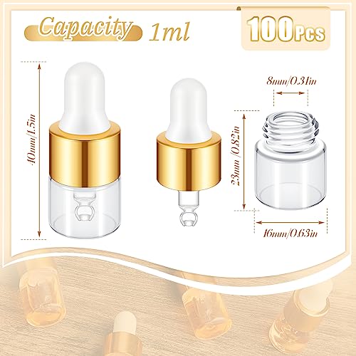 Didaey 100 Pcs 1 ml Champagne Gold Mini Glass Oil Dropper Bottle Bulk - color: Champagne Gold, size: 1 ml